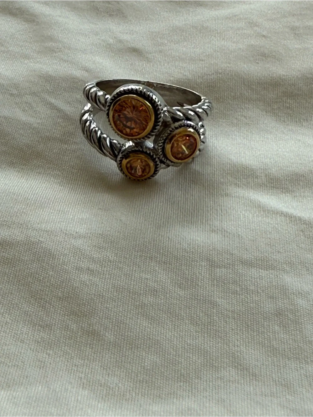 Two Tone Cable Statement Ring Amber Crystal Stones Silver Gold Tone